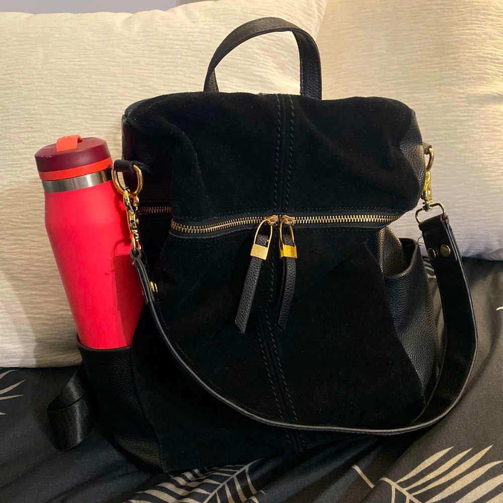 Black suede & leather backpack (convertible tote)